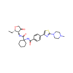 CC[C@@H]1OCC(=O)[C@H]1NC(=O)C1(NC(=O)c2ccc(-c3csc(N4CCN(C)CC4)n3)cc2)CCCCC1 ZINC000049777132