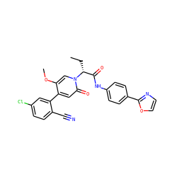 CC[C@H](C(=O)Nc1ccc(-c2ncco2)cc1)n1cc(OC)c(-c2cc(Cl)ccc2C#N)cc1=O ZINC001772576089