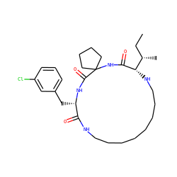 CC[C@H](C)[C@@H]1NCCCCCCCCNC(=O)[C@H](Cc2cccc(Cl)c2)NC(=O)C2(CCCC2)NC1=O ZINC001772598225