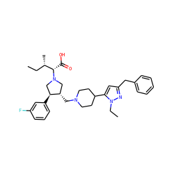 CC[C@H](C)[C@H](C(=O)O)N1C[C@H](CN2CCC(c3cc(Cc4ccccc4)nn3CC)CC2)[C@@H](c2cccc(F)c2)C1 ZINC000028010739