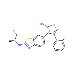 CC[C@H](C)Nc1nc2ccc(-c3c(-c4ccccc4F)n[nH]c3N)cc2s1 ZINC000029041811