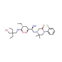 CC[C@H](C[C@H](O)[C@@H](N)CN1CC(=O)N(c2ccccc2Cl)CC1(C)C)C(=O)NCC(CC)(CC)CO ZINC000096270485
