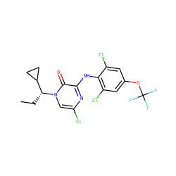CC[C@H](C1CC1)n1cc(Cl)nc(Nc2c(Cl)cc(OC(F)(F)F)cc2Cl)c1=O ZINC000043123207
