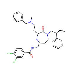 CC[C@H](CN1CC[C@H](CNC(=O)c2ccc(Cl)c(Cl)c2)N[C@H](CCN(C)Cc2ccccc2)C1=O)c1ccccc1 ZINC000206922937