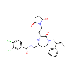 CC[C@H](CN1CC[C@H](CNC(=O)c2ccc(Cl)c(Cl)c2)N[C@H](CCN2C(=O)CCC2=O)C1=O)c1ccccc1 ZINC000206881241