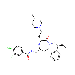 CC[C@H](CN1CC[C@H](CNC(=O)c2ccc(Cl)c(Cl)c2)N[C@H](CCN2CCC(C)CC2)C1=O)c1ccccc1 ZINC000206881412