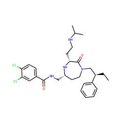 CC[C@H](CN1CC[C@H](CNC(=O)c2ccc(Cl)c(Cl)c2)N[C@H](CCNC(C)C)C1=O)c1ccccc1 ZINC000206902665