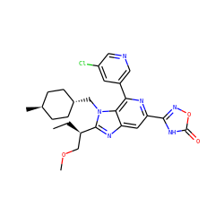 CC[C@H](COC)c1nc2cc(-c3noc(=O)[nH]3)nc(-c3cncc(Cl)c3)c2n1C[C@H]1CC[C@H](C)CC1 ZINC000261157577