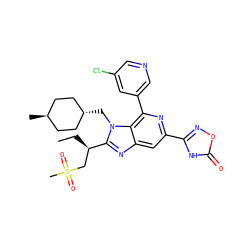 CC[C@H](CS(C)(=O)=O)c1nc2cc(-c3noc(=O)[nH]3)nc(-c3cncc(Cl)c3)c2n1C[C@H]1CC[C@H](C)CC1 ZINC000261074670