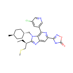 CC[C@H](CSC)c1nc2cc(-c3noc(=O)[nH]3)nc(-c3cncc(Cl)c3)c2n1C[C@H]1CC[C@H](C)CC1 ZINC000261130044