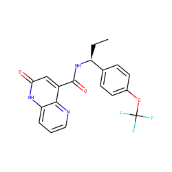 CC[C@H](NC(=O)c1cc(=O)[nH]c2cccnc12)c1ccc(OC(F)(F)F)cc1 ZINC001772628015