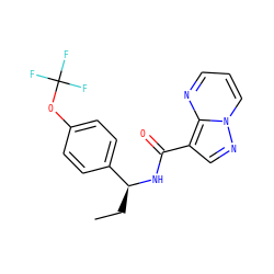 CC[C@H](NC(=O)c1cnn2cccnc12)c1ccc(OC(F)(F)F)cc1 ZINC001772646020