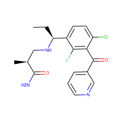 CC[C@H](NC[C@H](C)C(N)=O)c1ccc(Cl)c(C(=O)c2cccnc2)c1F ZINC001772616354