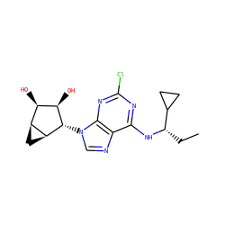 CC[C@H](Nc1nc(Cl)nc2c1ncn2[C@H]1[C@H](O)[C@H](O)[C@@H]2C[C@@H]21)C1CC1 ZINC000095556716