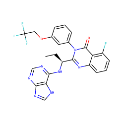 CC[C@H](Nc1ncnc2nc[nH]c12)c1nc2cccc(F)c2c(=O)n1-c1cccc(OCC(F)(F)F)c1 ZINC000218596577