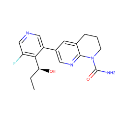 CC[C@H](O)c1c(F)cncc1-c1cnc2c(c1)CCCN2C(N)=O ZINC001772592528