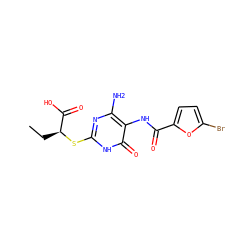 CC[C@H](Sc1nc(N)c(NC(=O)c2ccc(Br)o2)c(=O)[nH]1)C(=O)O ZINC000010243580