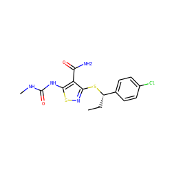 CC[C@H](Sc1nsc(NC(=O)NC)c1C(N)=O)c1ccc(Cl)cc1 ZINC000036348985