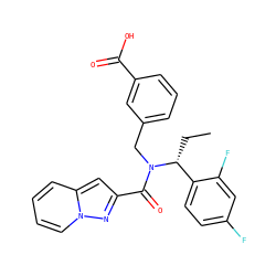 CC[C@H](c1ccc(F)cc1F)N(Cc1cccc(C(=O)O)c1)C(=O)c1cc2ccccn2n1 ZINC000150029125