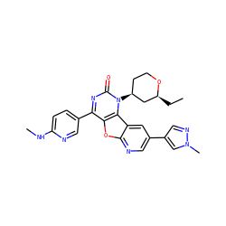 CC[C@H]1C[C@@H](n2c(=O)nc(-c3ccc(NC)nc3)c3oc4ncc(-c5cnn(C)c5)cc4c32)CCO1 ZINC000103131378