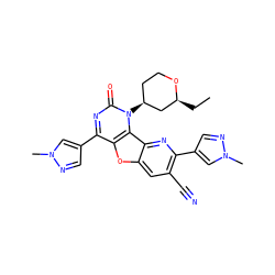 CC[C@H]1C[C@@H](n2c(=O)nc(-c3cnn(C)c3)c3oc4cc(C#N)c(-c5cnn(C)c5)nc4c32)CCO1 ZINC000096907432