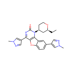 CC[C@H]1C[C@@H](n2c(=O)nc(-c3cnn(C)c3)c3oc4ccc(-c5cnn(C)c5)cc4c32)CCO1 ZINC000096907433