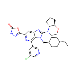 CC[C@H]1CC[C@H](Cn2c(N3CCO[C@@H]4CCC[C@H]43)nc3cc(-c4n[nH]c(=O)o4)nc(-c4cncc(Cl)c4)c32)CC1 ZINC000261158819