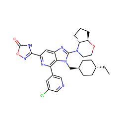 CC[C@H]1CC[C@H](Cn2c(N3CCO[C@@H]4CCC[C@H]43)nc3cc(-c4noc(=O)[nH]4)nc(-c4cncc(Cl)c4)c32)CC1 ZINC000261091195