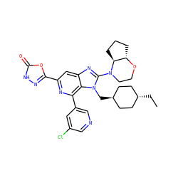 CC[C@H]1CC[C@H](Cn2c(N3CCO[C@H]4CCC[C@@H]43)nc3cc(-c4n[nH]c(=O)o4)nc(-c4cncc(Cl)c4)c32)CC1 ZINC001772634339