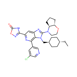CC[C@H]1CC[C@H](Cn2c(N3CCO[C@H]4CCC[C@@H]43)nc3cc(-c4noc(=O)[nH]4)nc(-c4cncc(Cl)c4)c32)CC1 ZINC001772619137