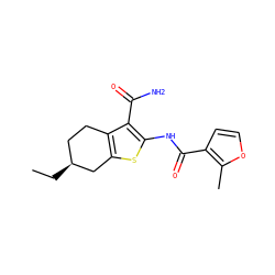 CC[C@H]1CCc2c(sc(NC(=O)c3ccoc3C)c2C(N)=O)C1 ZINC000000135609