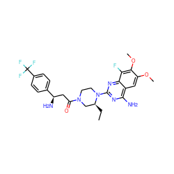 CC[C@H]1CN(C(=O)C[C@@H](N)c2ccc(C(F)(F)F)cc2)CCN1c1nc(N)c2cc(OC)c(OC)c(F)c2n1 ZINC001772608078