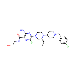 CC[C@H]1CN(c2nc(N)c(C(=O)NCCO)nc2Cl)CCN1C1CCN(Cc2ccc(Cl)cc2)CC1 ZINC000073156740