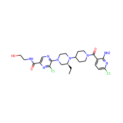 CC[C@H]1CN(c2ncc(C(=O)NCCO)nc2Cl)CCN1C1CCN(C(=O)c2ccc(Cl)nc2N)CC1 ZINC000073141892