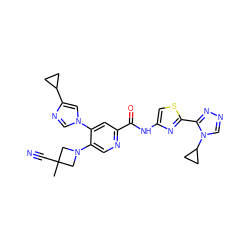 CC1(C#N)CN(c2cnc(C(=O)Nc3csc(-c4nncn4C4CC4)n3)cc2-n2cnc(C3CC3)c2)C1 ZINC001772573083