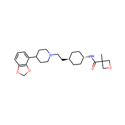 CC1(C(=O)N[C@H]2CC[C@H](CCN3CCC(c4cccc5c4OCO5)CC3)CC2)COC1 ZINC000261082479
