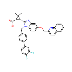 CC1(C)[C@@H](C(=O)O)[C@H]1c1nc2cc(OCc3ccc4ccccc4n3)ccc2n1Cc1ccc(-c2ccc(F)c(F)c2)cc1 ZINC000226128361