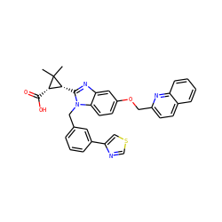 CC1(C)[C@@H](C(=O)O)[C@H]1c1nc2cc(OCc3ccc4ccccc4n3)ccc2n1Cc1cccc(-c2cscn2)c1 ZINC000226104481