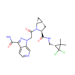 CC1(C)[C@@H](CNC(=O)[C@@H]2C[C@H]3C[C@H]3N2C(=O)Cn2nc(C(N)=O)c3ccncc32)C1(Cl)Cl ZINC000210837058