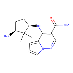 CC1(C)[C@@H](N)CC[C@H]1Nc1c(C(N)=O)cnn2cccc12 ZINC000203819570