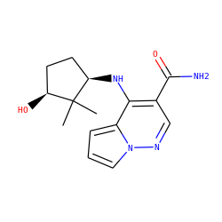 CC1(C)[C@@H](O)CC[C@H]1Nc1c(C(N)=O)cnn2cccc12 ZINC000203803323
