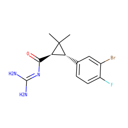 CC1(C)[C@H](C(=O)N=C(N)N)[C@H]1c1ccc(F)c(Br)c1 ZINC000013864221