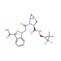 CC1(C)[C@H](CNC(=O)[C@@H]2C[C@H]3C[C@H]3N2C(=O)Cn2nc(C(N)=O)c3ccccc32)C1(Cl)Cl ZINC000210841013
