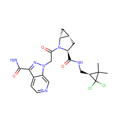 CC1(C)[C@H](CNC(=O)[C@@H]2C[C@H]3C[C@H]3N2C(=O)Cn2nc(C(N)=O)c3ccncc32)C1(Cl)Cl ZINC000210837087