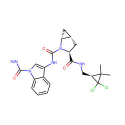 CC1(C)[C@H](CNC(=O)[C@@H]2C[C@H]3C[C@H]3N2C(=O)Nc2cn(C(N)=O)c3ccccc23)C1(Cl)Cl ZINC000210854772
