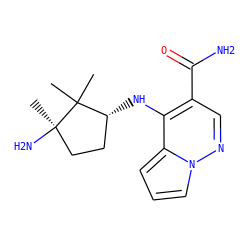 CC1(C)[C@H](Nc2c(C(N)=O)cnn3cccc23)CC[C@@]1(C)N ZINC000203805289