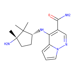 CC1(C)[C@H](Nc2c(C(N)=O)cnn3cccc23)CC[C@]1(C)N ZINC000203805369