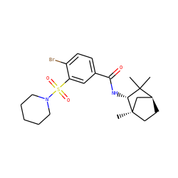 CC1(C)[C@H]2CC[C@](C)(C2)[C@@H]1NC(=O)c1ccc(Br)c(S(=O)(=O)N2CCCCC2)c1 ZINC000029045813