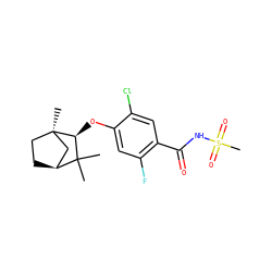 CC1(C)[C@H]2CC[C@](C)(C2)[C@H]1Oc1cc(F)c(C(=O)NS(C)(=O)=O)cc1Cl ZINC000261088861