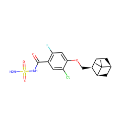 CC1(C)[C@H]2CC[C@H](COc3cc(F)c(C(=O)NS(N)(=O)=O)cc3Cl)[C@@H]1C2 ZINC000216201214